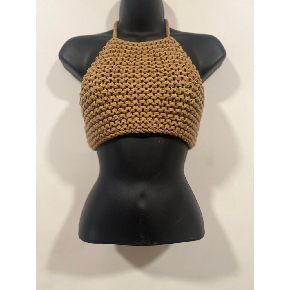 Handmade Crochet Halter Crop Top Camel Tan 70s Boho XS/S - Picture 3 of 7